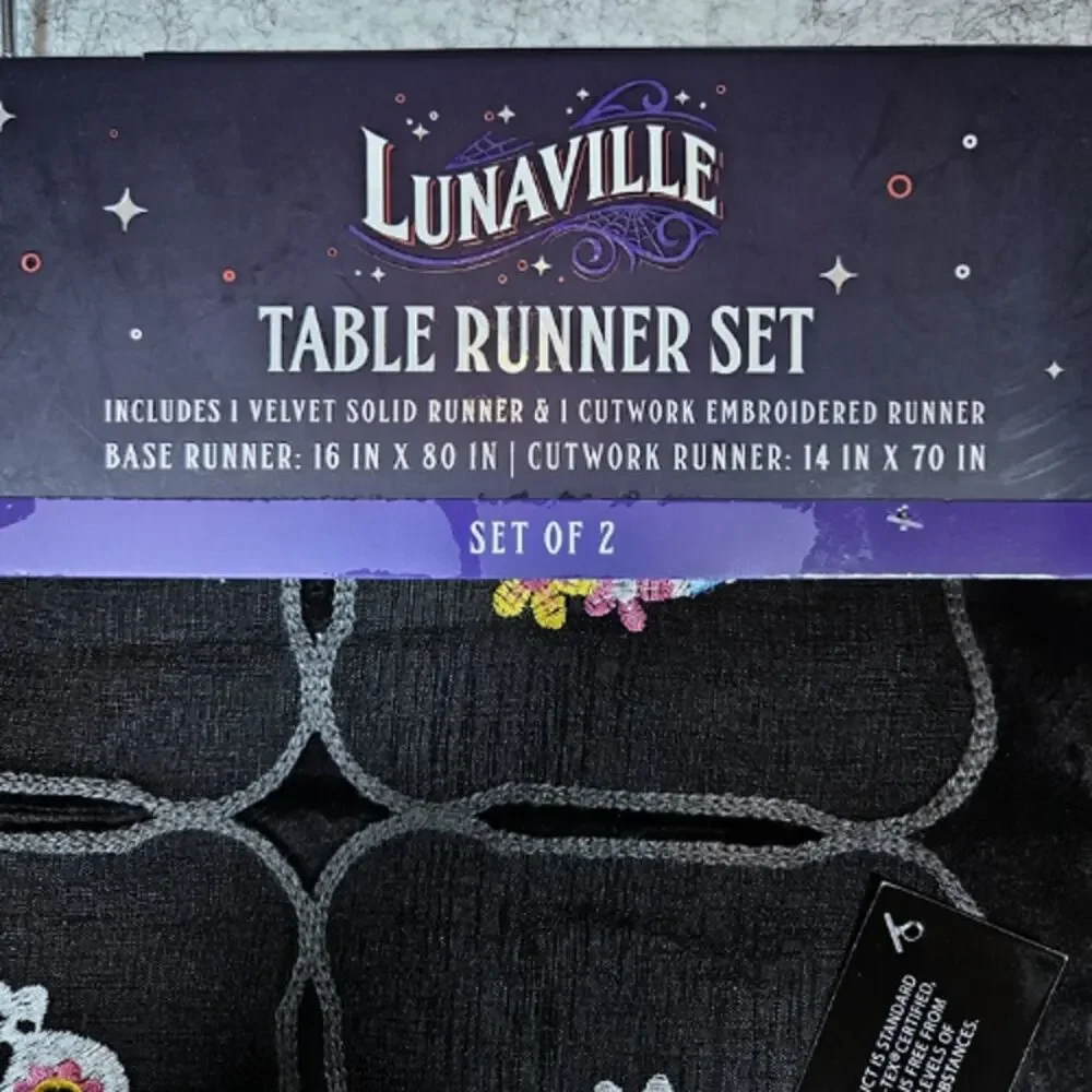 Lunaville Halloween Table Runner Set – Embroidered Day of the Dead – New
